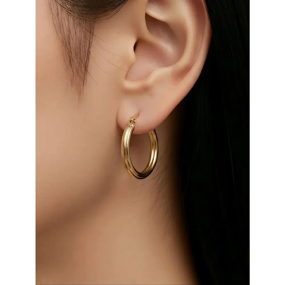 20mm Ribbed Gold Hoop Earrings Stainless Steel Hinged Minimal Classic Jewelry